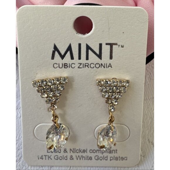 Mint Lead Nickel Free 14K Gold & White Gold CZ Earrings Triange Drop NEW - Picture 2 of 7